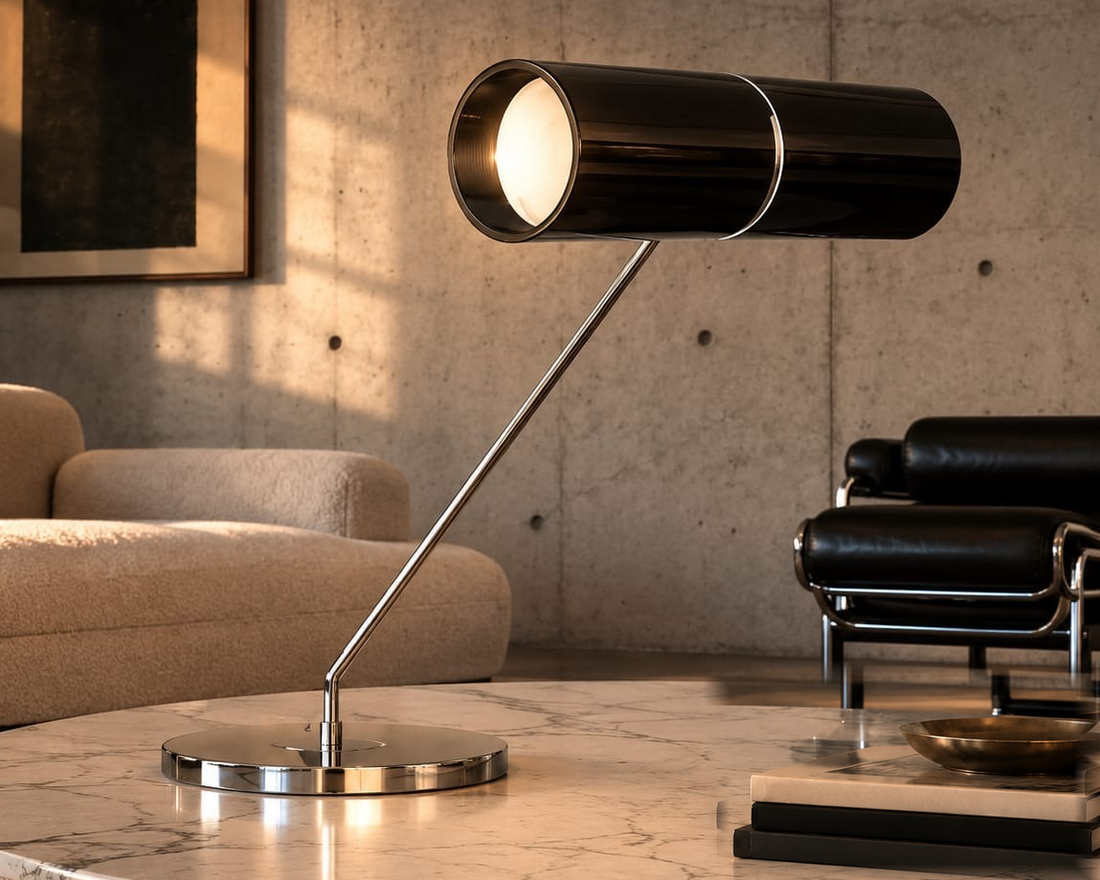 No. 010, Torch, a low table lamp with a long dark horizontal cylinder, glowing circular opening, diagonal reflective support, and round base.