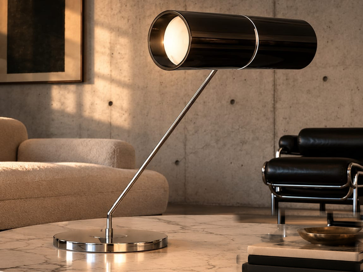 No. 010, Torch, a low table lamp with a long dark horizontal cylinder, glowing circular opening, diagonal reflective support, and round base.