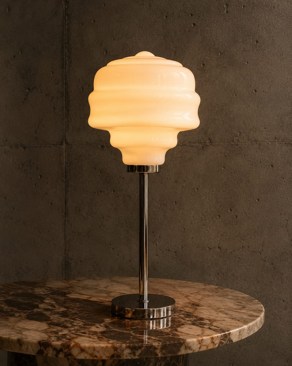 No. 005, Karina, a table lamp with a glowing tiered pale shade, slender reflective stem, and low round base.