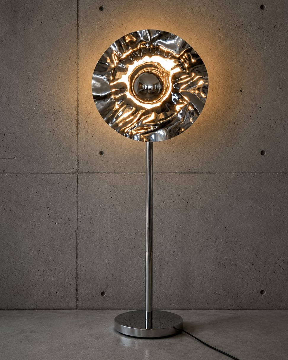 No. 011, Ripple, a tall floor lamp with a rippled mirrored circular face, bright inner ring, central reflective sphere, slender stem, and round base.
