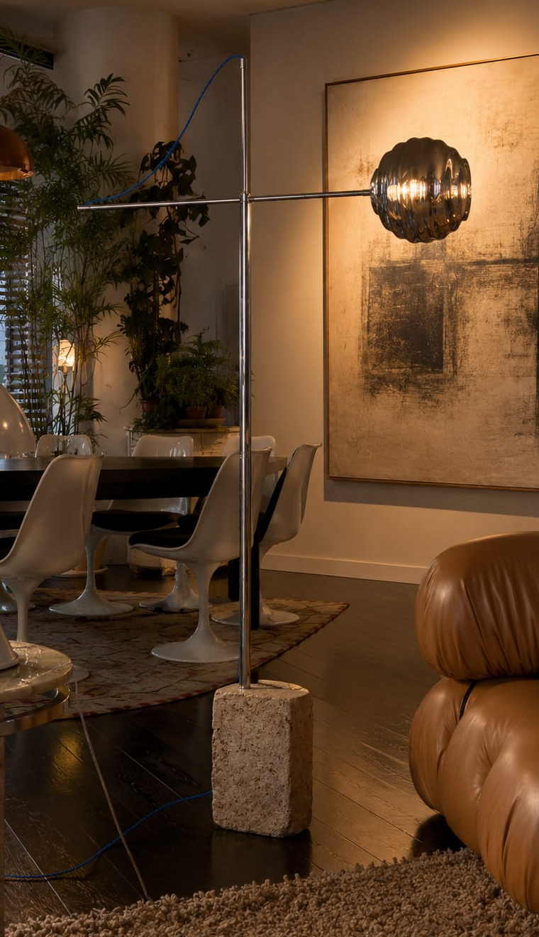 No. 006, Axis, a sculptural floor lamp with a rough rectangular base, tall upright, long crossbar, glowing dark ribbed shade, and visible blue cable.