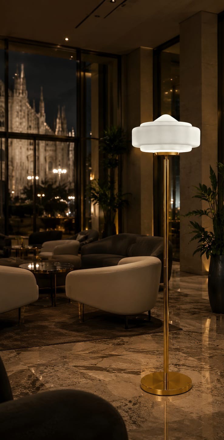 No. 023, Tier. A broad stepped shade glows above a slim warm-toned stem and round base.
