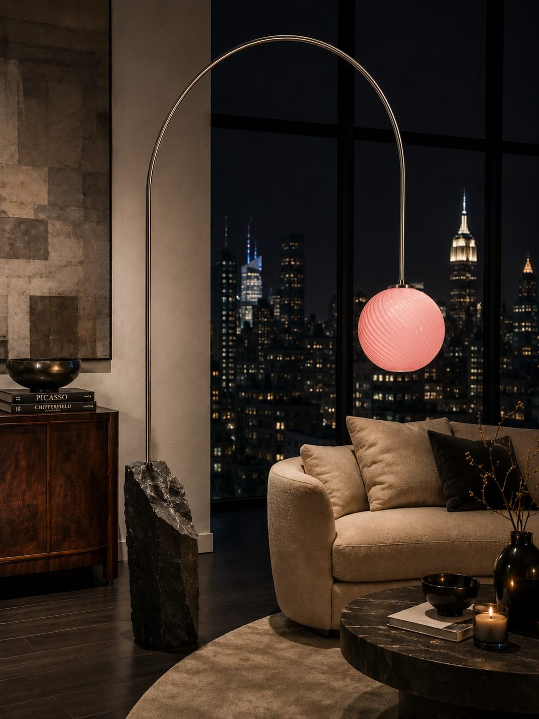 No. 008, Dusk. A wide arc holds a pink ribbed globe beside a rough upright base.