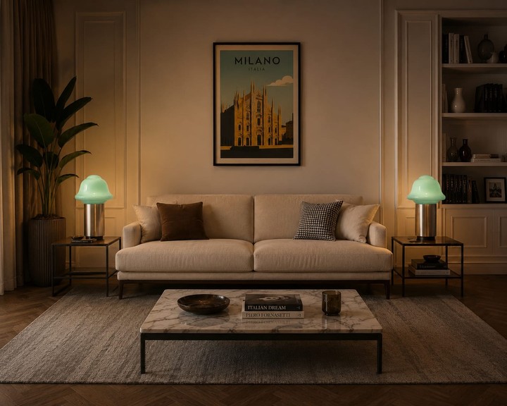 No. 016, Sage. Dome opal glass shade · brushed steel cylinder base.