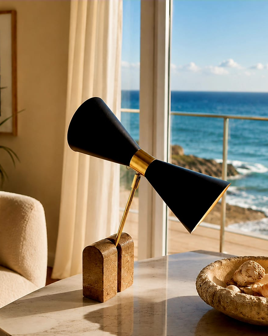 No. 018, Wingspan, a table lamp with two opposing matte-black cones, a polished warm-toned central collar, angled support, and two block-like feet.