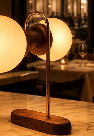 Partial photograph of No. 026, Hoop, showing an elongated dark base, arched warm-toned stem, and two opposing glowing globes; the left globe is cut by the frame.