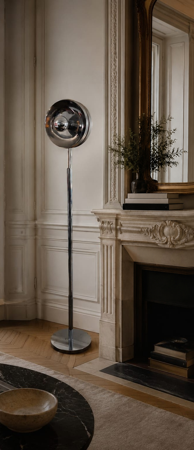 No. 027, Nova, a tall floor lamp with an unlit mirrored circular head, central reflective sphere, long reflective stem, and round base.