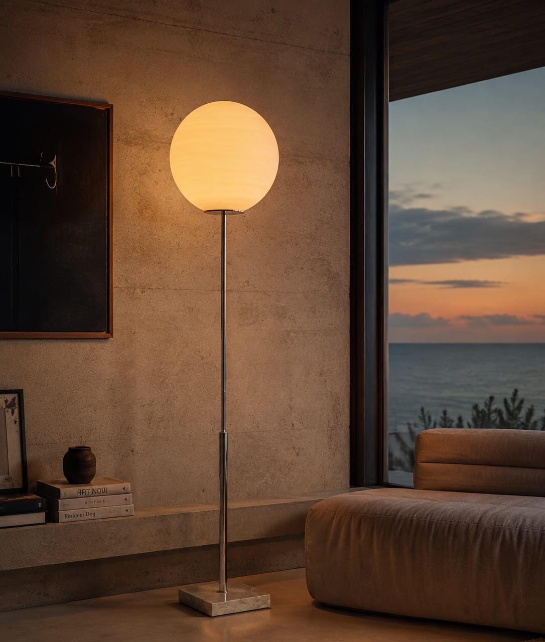 No. 033, Drift, a plain white glass sphere glows atop a slim chrome pole set in a round marble base.