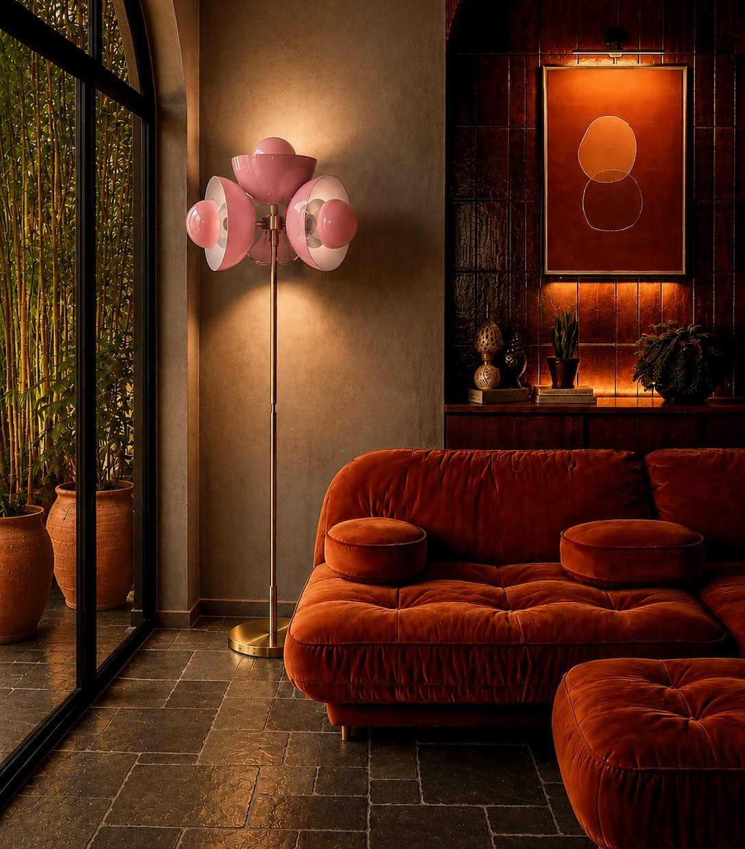 No. 034, Posy, a cluster of pink and white glass globes glows at the head of a slim brass stem.