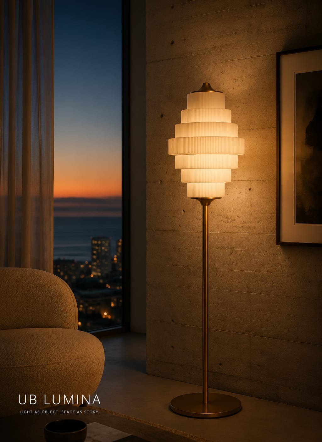 No. 035, Pagoda, a tiered ribbed opal glass shade glows above a slim brass stem and round base.