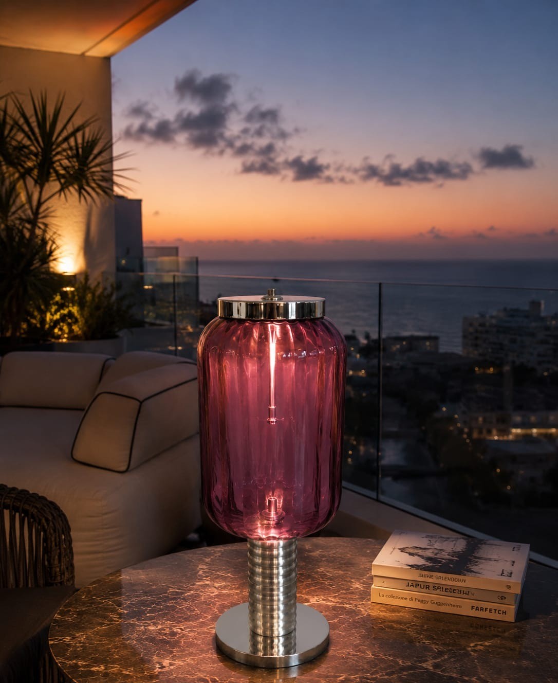 No. 036, Flute, a tall ribbed magenta glass cylinder glows above a low chrome base.
